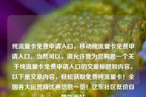 纯流量卡免费申请入口	，移动纯流量卡免费申请入口，当然可以，请允许我为您构思一个关于纯流量卡免费申请入口的文章标题和内容。以下是文章内容	，轻松获取免费纯流量卡！全国各大运营商优惠信息一览！亿乐社区低价自营货源站  第1张